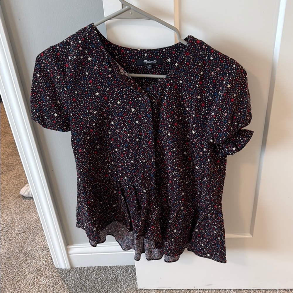 Madewell Red Short Sleeve Blouse with Mandarin Collar